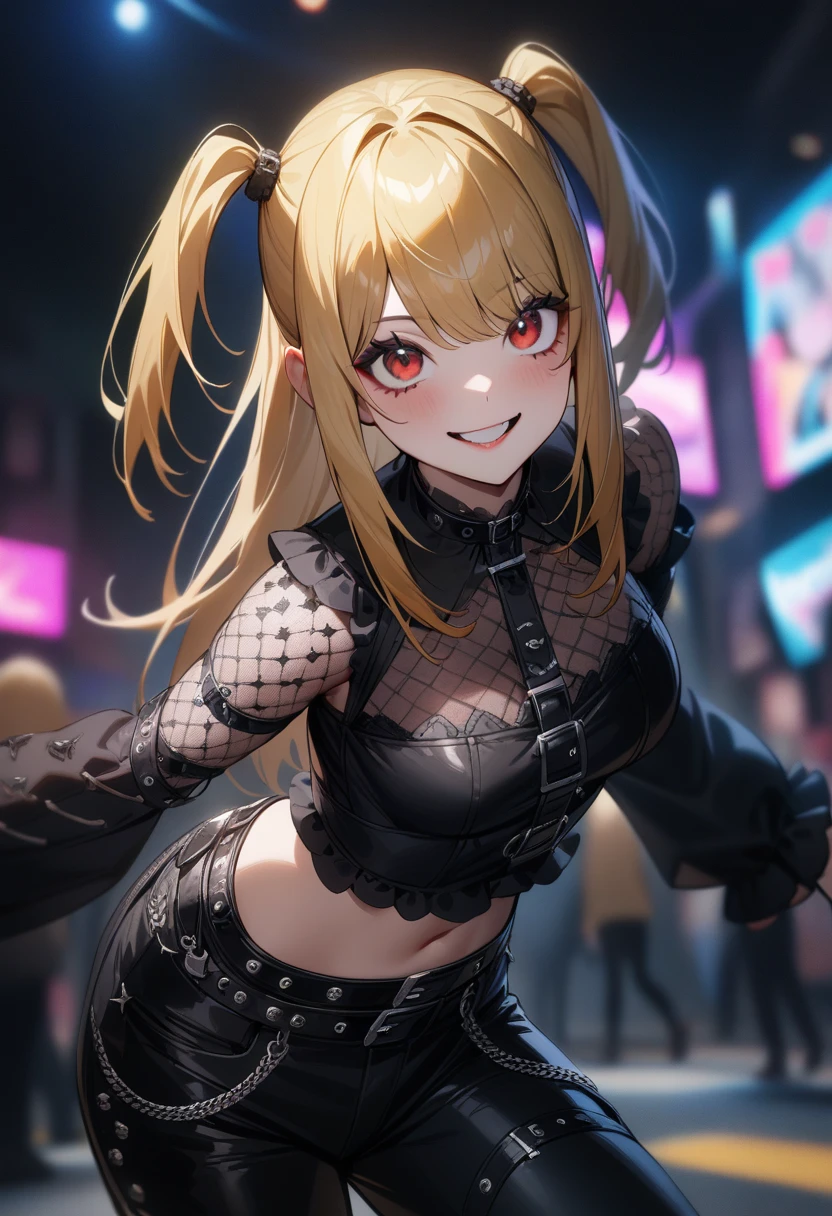 1girl,solo,amane misa, death note,super detailed skin,shiny skin,natural smile,blonde hair,sidelocks,short twintails,long hair,medium breasts,Punk Lolita,cyberpunk lolita,goth pants,masterpiece,best quality,ultra detailed,high resolution,sharp focus,depth of field,