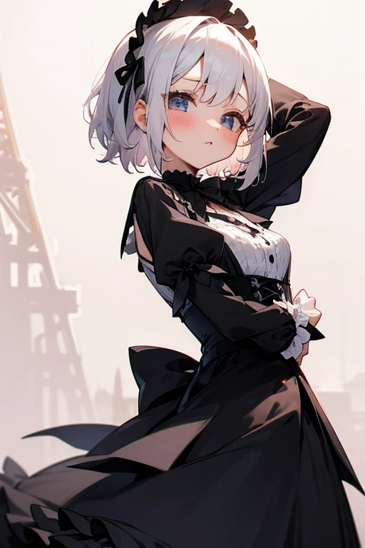 Short white hair, blush, Headbang 2.、cute、Beautiful woman、Idol clothes、Gothic ta、background is paris、Gorgeous outfit、