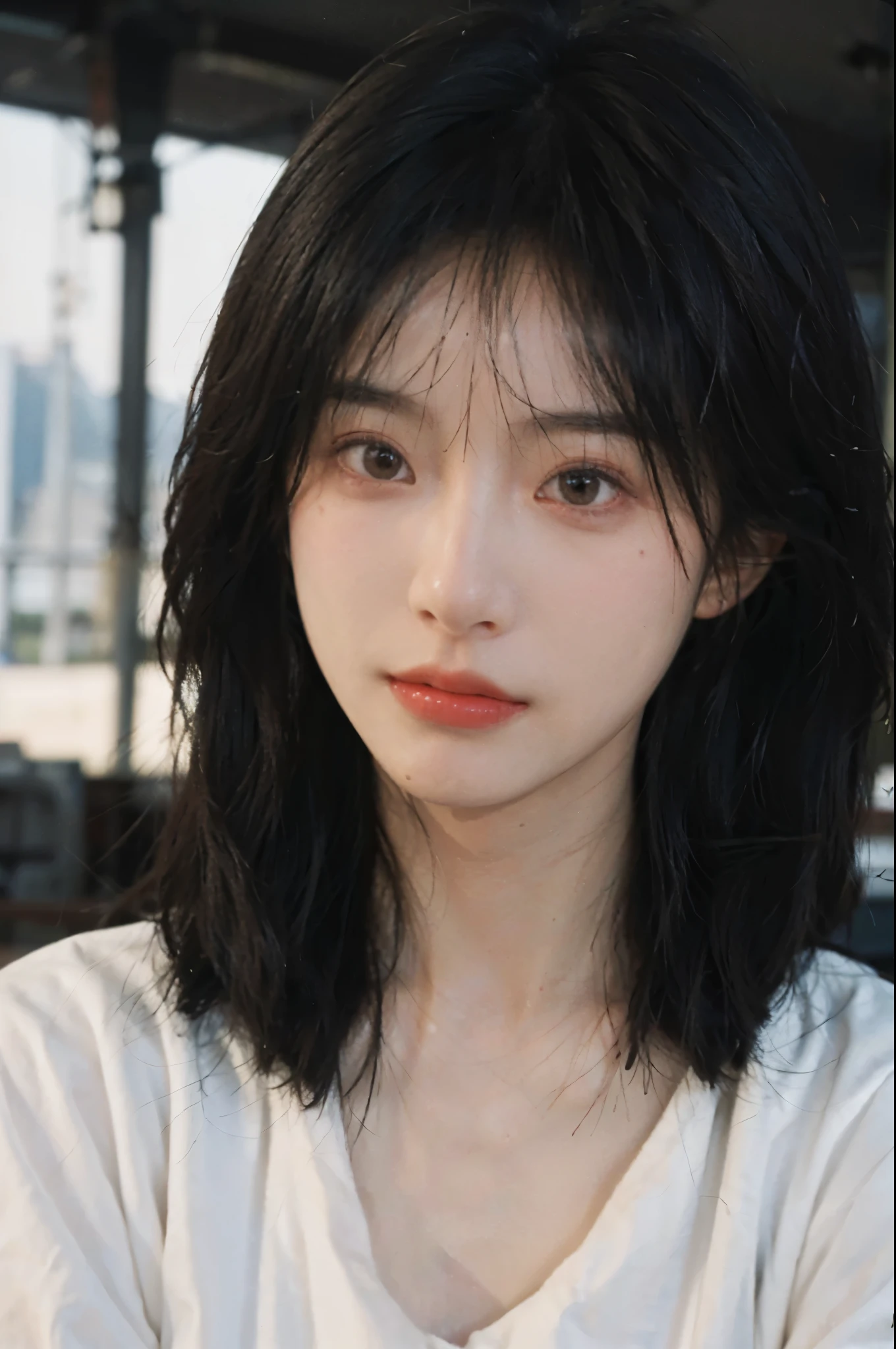 (Skin details:1.4), (smooth skin textures:1.3), Lipstick, background, earrings, serene, calm, (Dress conservatively:1.8),(Realistic and detailed eyes:1.2), Natural skin texture, Realistic facial details, Soft dramatic lighting, Vivid details, 35 mm film, outdoor, (Photo Practical:1.4), (hyper Practical:1.4), (Practical:1.3), (Smoother lighting:1.05), (Improve lighting quality:0.9), (Highest quality real skin textures:1.4), Exquisite eyes, Delicate face, Close-up of face, (Enhance the beauty of skin texture:1.1), Hair details, model,normal body ratio, short hair, Moles under the eyes, Medium shot,Portrait Photography, Depth of Field, Bokeh, Surrealism, Ray Tracing, (Portrait Photography:1.1), Surrealism, High Detail, Chiaroscuro, Ray Tracing, reflected light, Ultra HD, Ultra HD, masterpiece, Textured Skin, Super Detail, High Detail, high quality, best quality