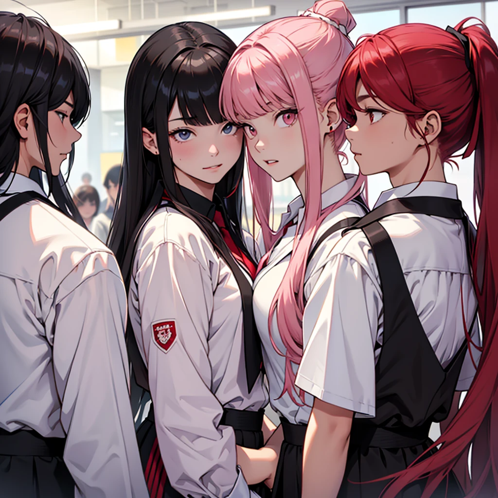 White long-haired man、White shirt、uniform、School Background、Next to me is a black-haired male vampire、The girl next to me with the pink ponytail、The girl next to me has wavy red hair、foursome、Group photo