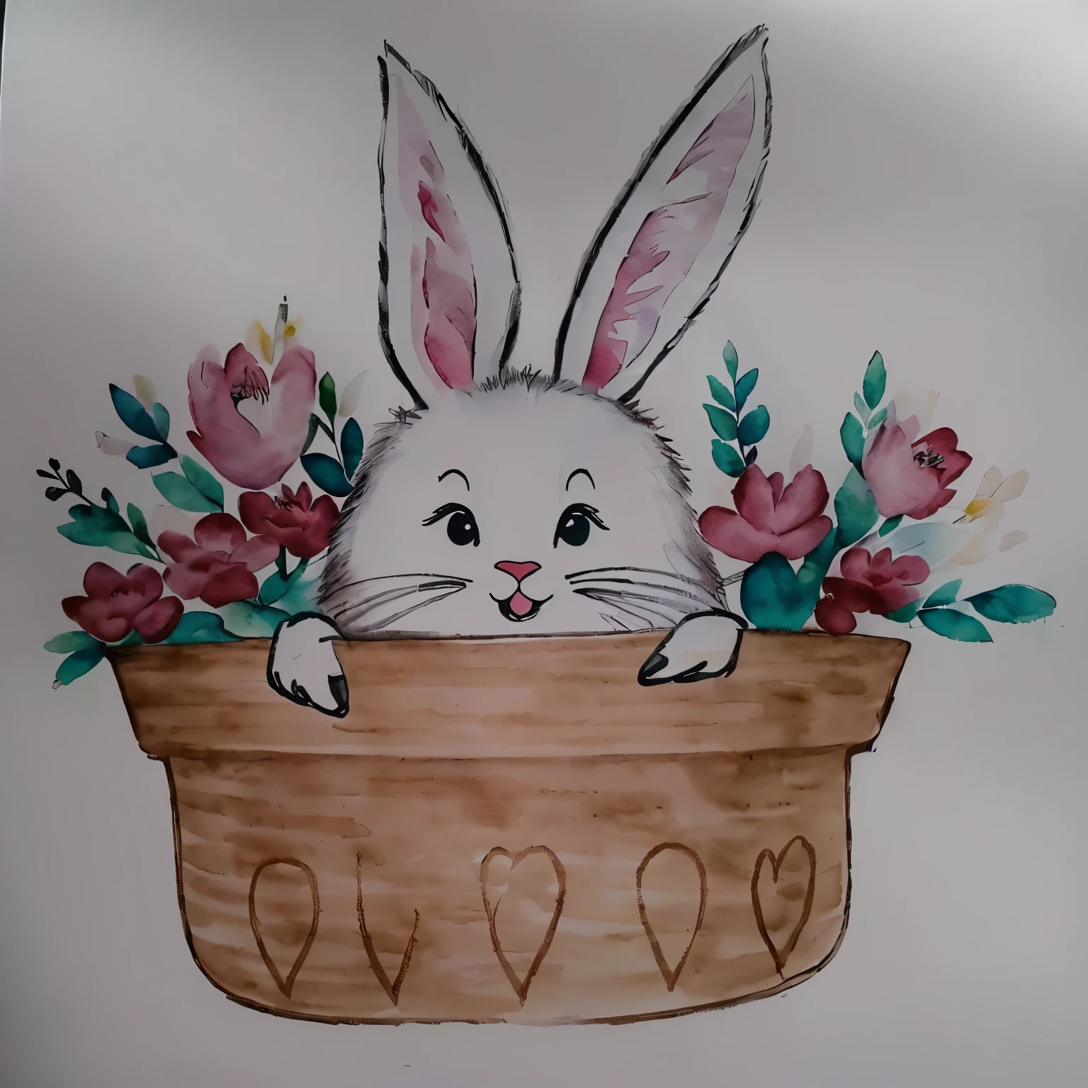 there is a drawing of a coelhinho in a flower pot, coelhinho, Tinta e aquarela wash, Tinta e aquarela, aquarela e caneta, detalhe adicionado, Aquarela, por Károly Lotz, a coelho full of hope, coelhinho ears, coelhinho head, anthropomorphic coelho, coelho face only, coelho, half coelhinho, with coelhinho ears