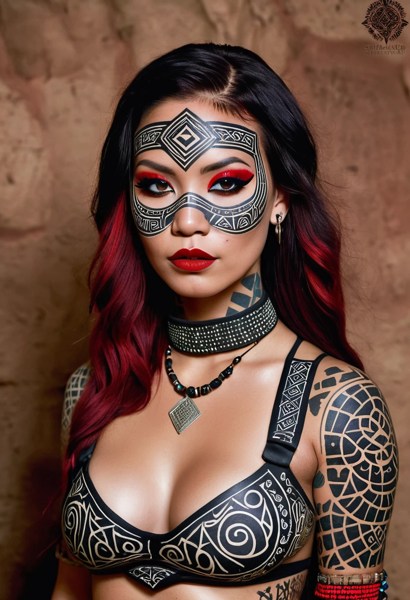 arafed woman in a black and white dress and red makeup, uma tatuagem de Scott Samuel Summers, tumblr, plaything, using shipibo tattoos, wearing tribal armor, a young shaman, Amazonian indigenous peoples in Brazil, piercings and tribal tattoos, with rune tattoos on his face, wearing an elegant tribal outfit, she is dressed in shaman clothes