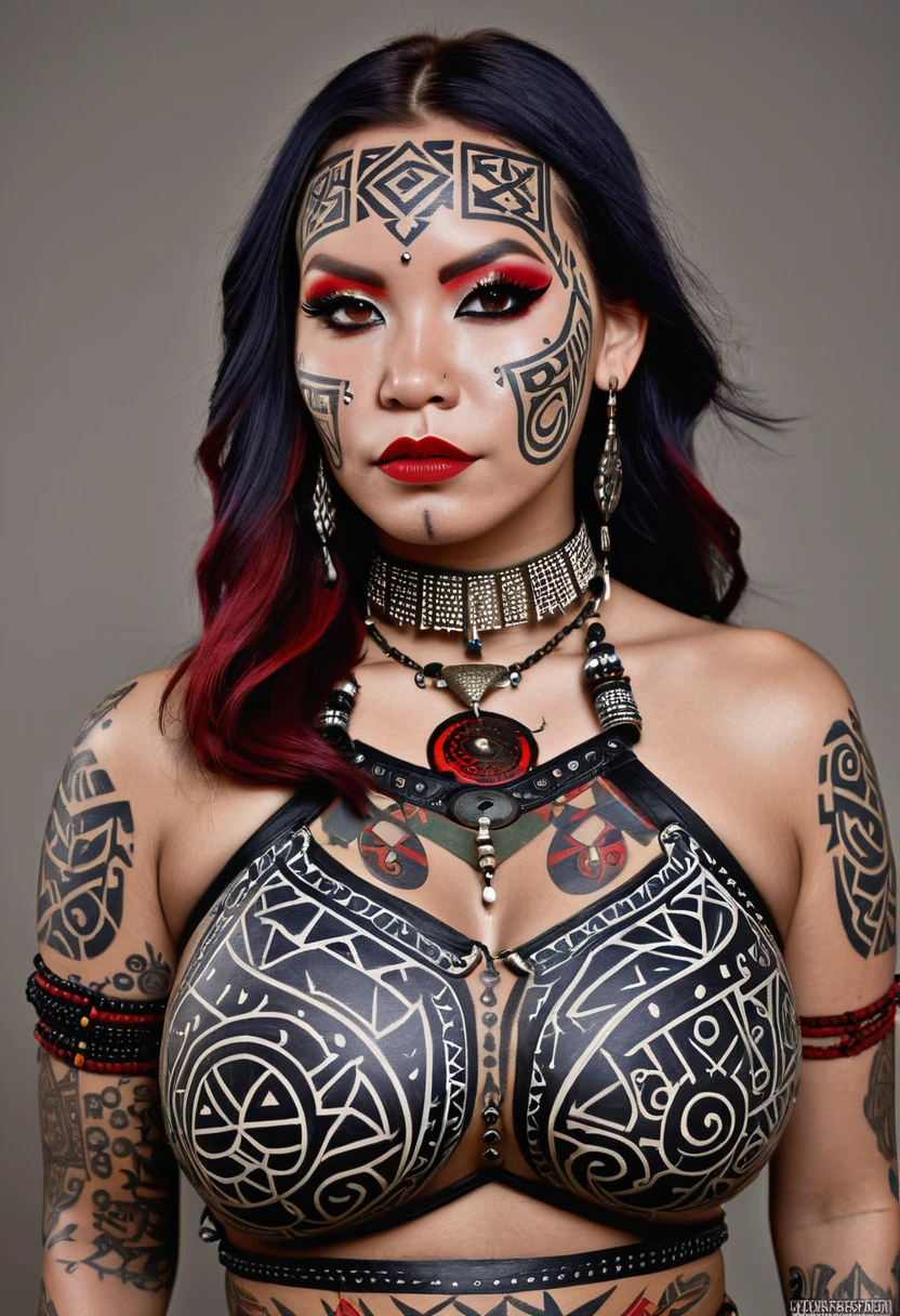 arafed woman in a black and white dress and red makeup, uma tatuagem de Scott Samuel Summers, tumblr, plaything, using shipibo tattoos, wearing tribal armor, a young shaman, Amazonian indigenous peoples in Brazil, piercings and tribal tattoos, with rune tattoos on his face, wearing an elegant tribal outfit, she is dressed in shaman clothes