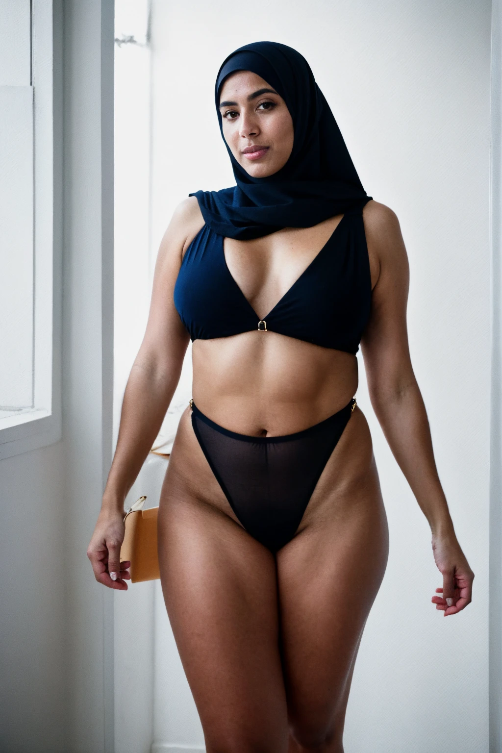 RAW photo,dark,moody,hazy atmosphere,35mm focal lenght,underexposed,cold,candid photograph,artistic,full body,photo of a beautiful,influencer,25yo Moroccan woman,hijab,pubes,detailed skin,fully naked,looking at viewer, thick body structure,white background,no background, candid pose,dim room,blue light, film grain, kodak color, instagram LUT