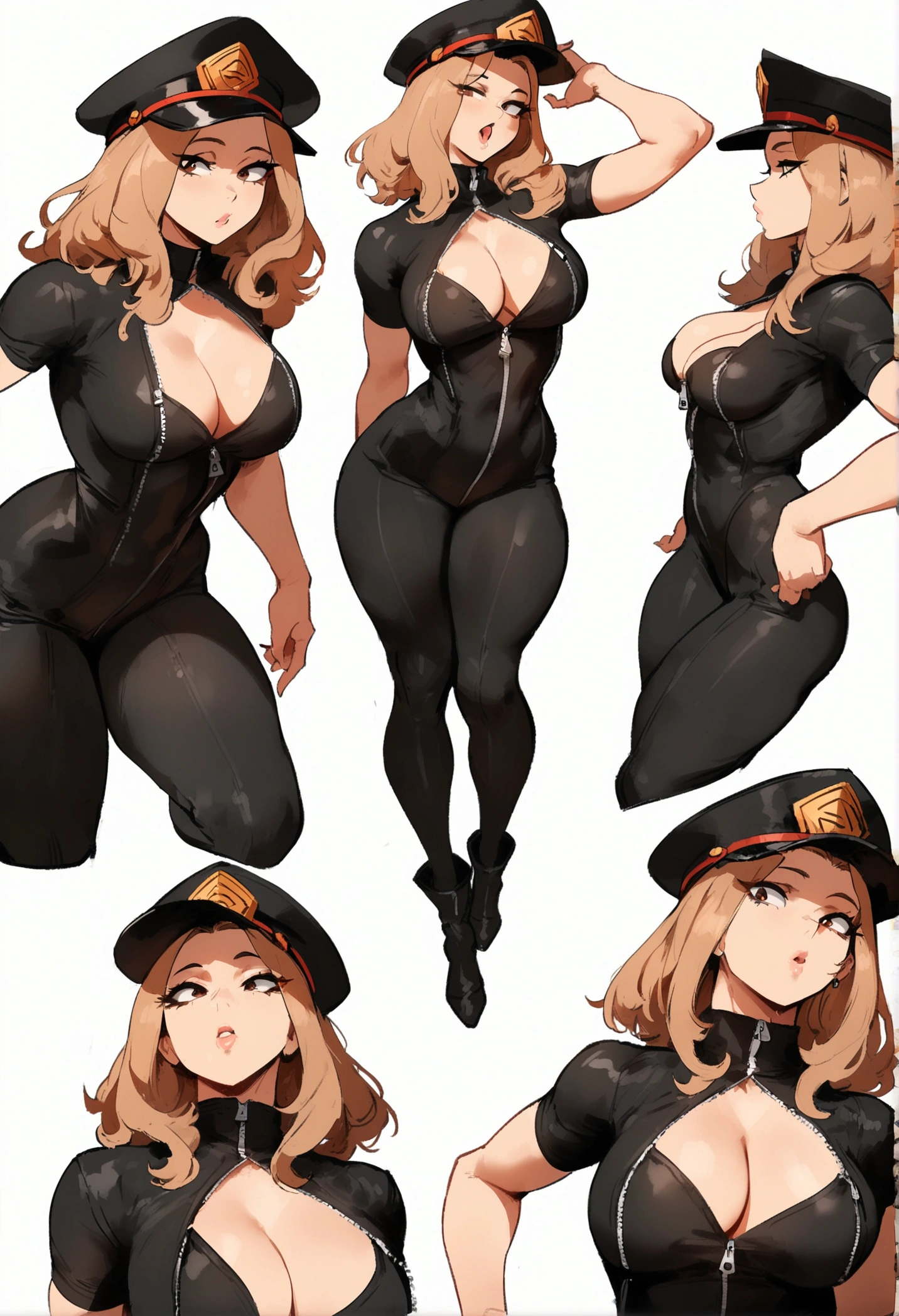 1girl, utsushimi kemii, boku no hero academia \\\\\ masterpiece, best quality, very aesthetic, absurdres, newest \\\\\\ slim body,///// by dodok,by nyantcha,cutesexyrobutts , by khyle,,//////light brown hair , cap, black catsuit . white background, simple background, dark brown eyes, zipper running down the middle, left slightly down to reveal her cleavage, concept art