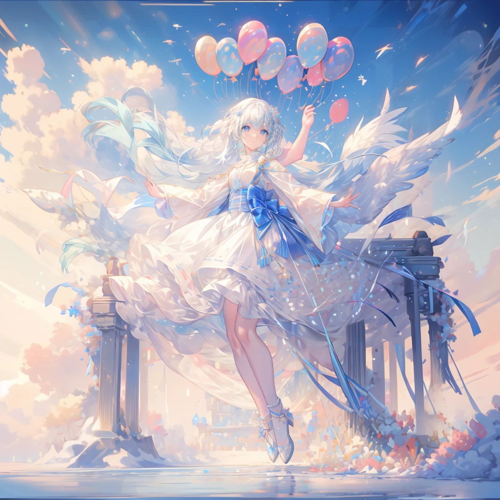 girl,white long hair,blue eyes,(lots of balloons),(Tons of balloons),(Brightly colored balloons),floating,jump,colorful,smile,Flowers flutter,Birds are flying,Feathers dance,magic,shine,Sparkling,Fluffy skirt