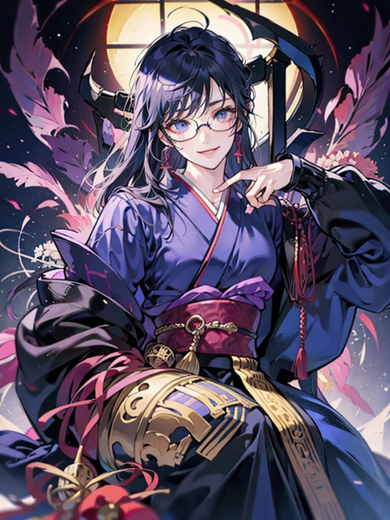 male、dark、front、kimono、cyber punk、Tinted Glasses、smile、One person、Throne、Japanese、Earrings