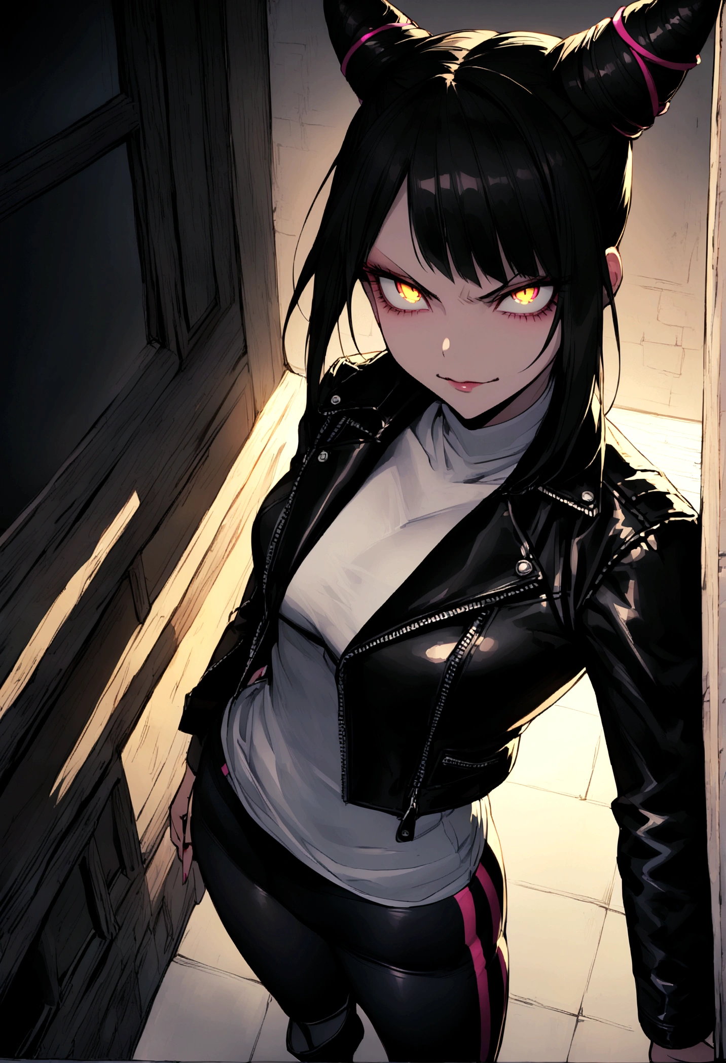 juri han,beautiful young warrior , with a very detailed and beautiful face, beautifuleyes, beautifuleyes, gorgeous face, beautiful young woman wearing long black leggings with black details, usando leather jacket preta, Standing in an office, wearing black boots, horn hair, with black fringe, , evil smile ,white sweater with strap around, serious look,usando leather jacket preto, leather jacket,staring overhead,yellow lighting, evil smile,leggings