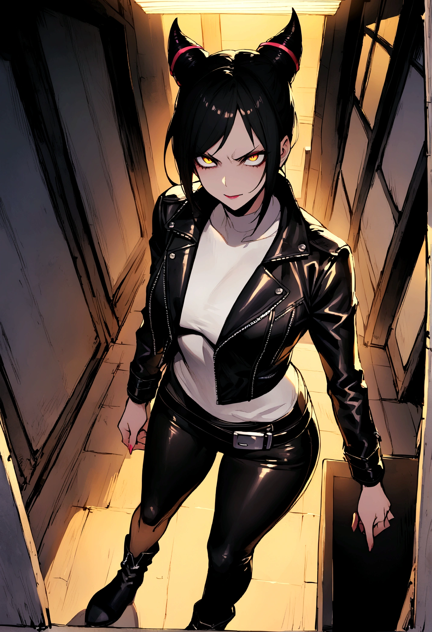 juri han,beautiful young warrior , with a very detailed and beautiful face, beautifuleyes, beautifuleyes, gorgeous face, beautiful young woman wearing long black leggings with black details, usando leather jacket preta, Standing in an office, wearing black boots, horn hair, with black fringe, , evil smile ,white sweater with strap around, serious look,usando leather jacket preto, leather jacket,staring overhead,yellow lighting, evil smile,leggings