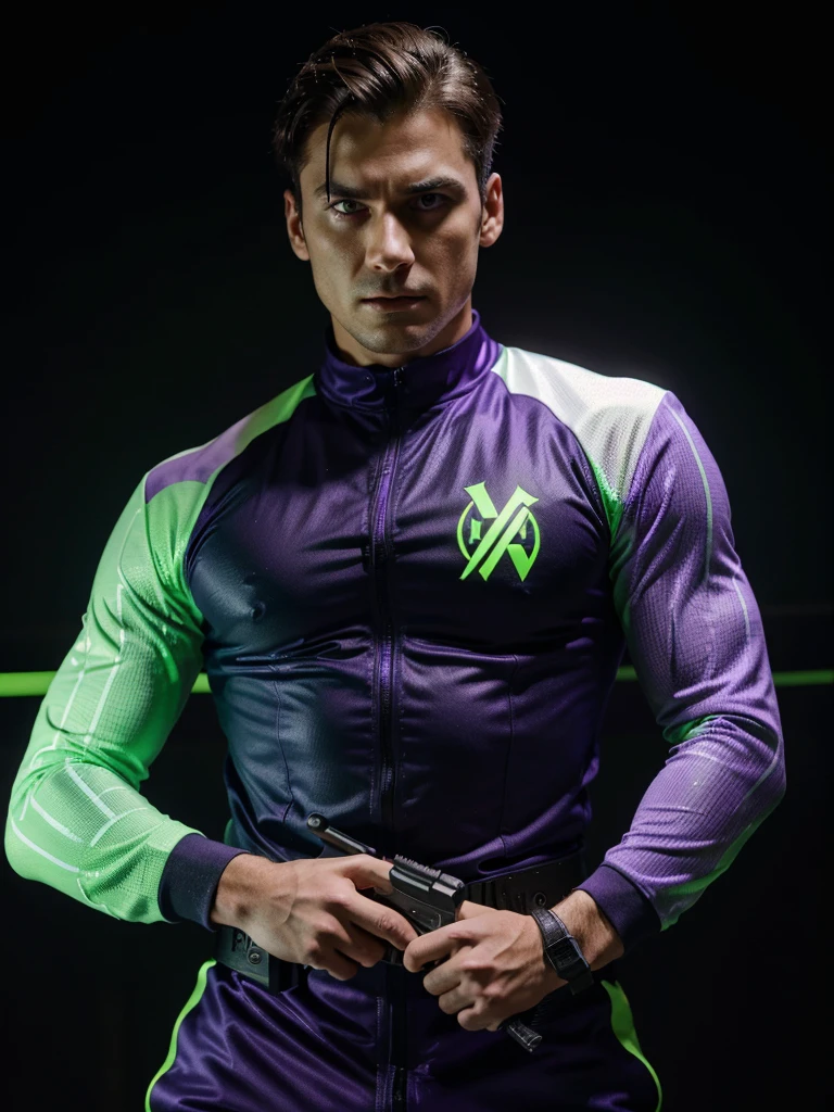 a man in purple clothing using a lethal neon green firearm with flashes of purple and green lights on a dark background and a determined expression