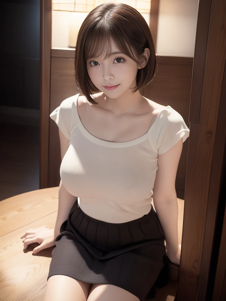((masterpiece))、((Highest quality))、photograph、reality、high resolution、Very detailed、Married women、40th generation、(Plump body)、Delicate features、short hair、Realistic background and accessories、Big and ample breasts、Sexy smile、(Private room at an izakaya、sit facing each other)、Open-neck short-sleeved knit、See-through、Tight mini skirt、((Dark Room))、((Indirect lighting only))、Deep Shadow、Zoom Shot、