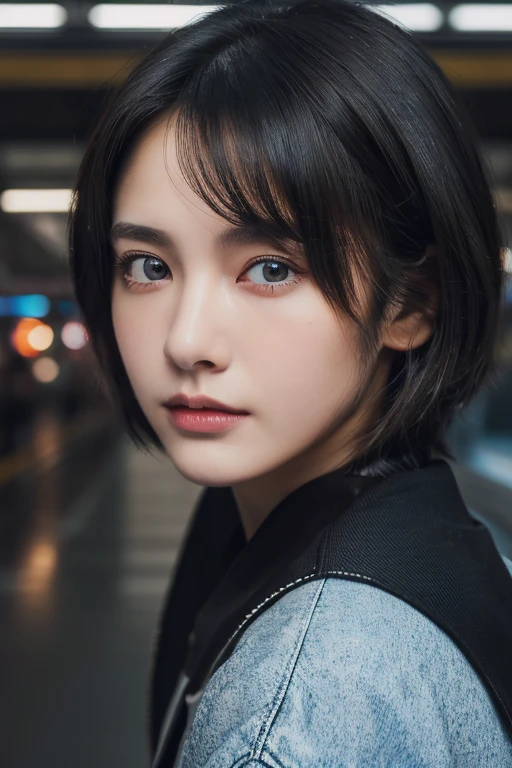 (award winning, 8k, super detailed, high resolution, best quality, photography, portrait), 1girl, solo, beautiful girl, beautiful eyes, detailed eyes, (black eye), jacket, short hair, black hair, at train station, POV, ((upper body))