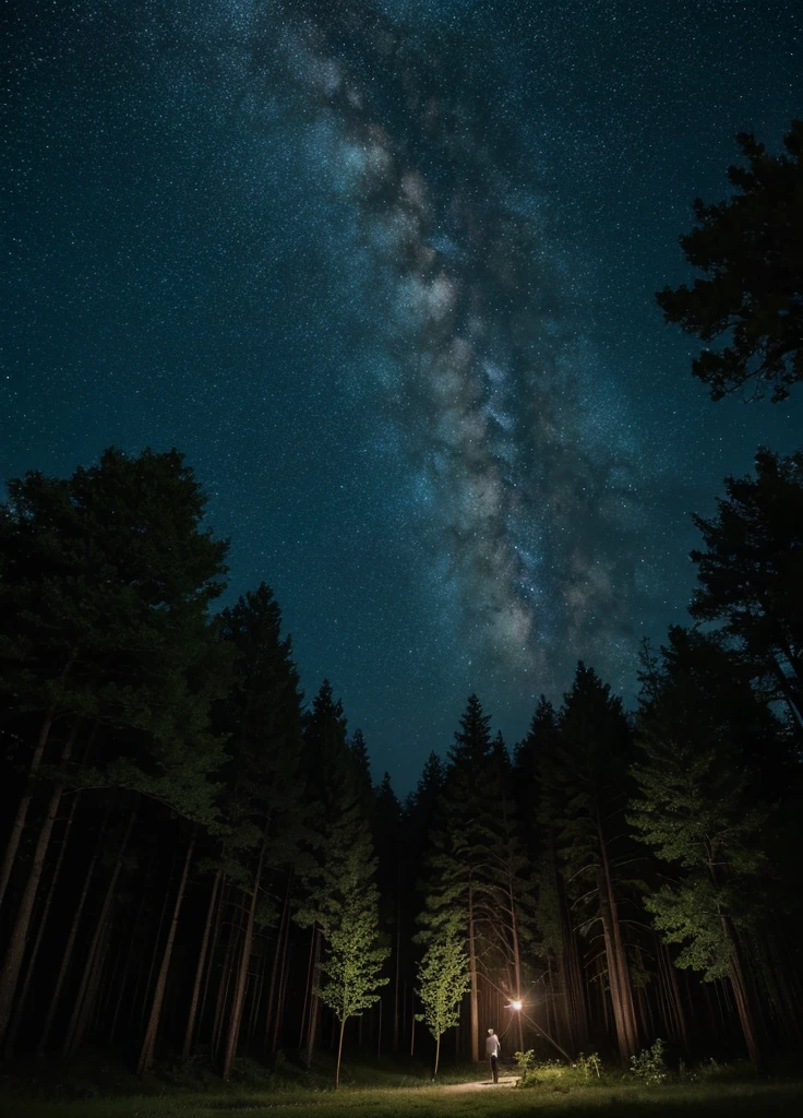 On a quiet summer night, In a forest with mysterious and large trees, A scene unfolding with Makoto Shinkai’s signature magical realism., There is no human being in sight, starry sky. It evokes the essence of Makoto Shinkai's famous animation background..,