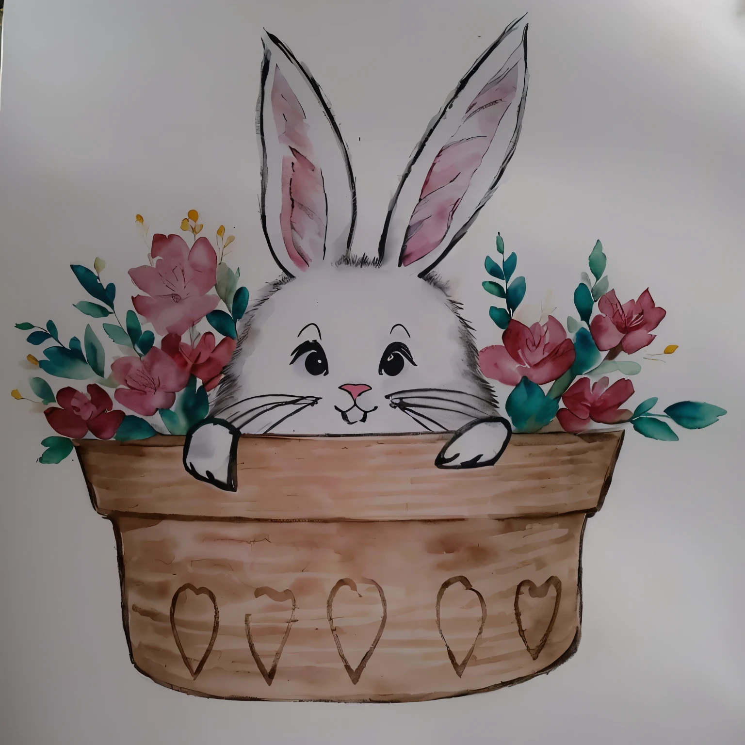 there is a drawing of a coelhinho in a flower pot, coelhinho, Tinta e aquarela wash, Tinta e aquarela, aquarela e caneta, detalhe adicionado, Aquarela, por Károly Lotz, a coelho full of hope, coelhinho ears, coelhinho head, anthropomorphic coelho, coelho face only, coelho, half coelhinho, with coelhinho ears