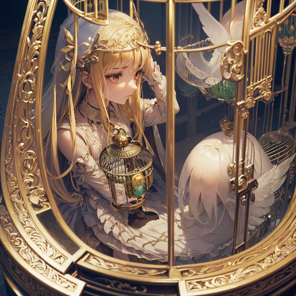 Finest quality)),(超A high resolution),(Ultra-detail),(Meticulous portrayal),((Best Anime)),(Finest works of art),sharpnes,Clair,Ultra-Precision Art,The art of astounding depiction,Beautiful fantasy art with intricate and detailed details, (One woman:1.5),(saddened:1.5),sorrowful, (She is trapped in a birdcage:1.5),in a bird cage