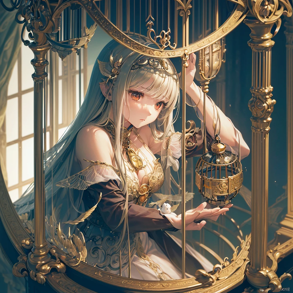 Finest quality)),(超A high resolution),(Ultra-detail),(Meticulous portrayal),((Best Anime)),(Finest works of art),sharpnes,Clair,Ultra-Precision Art,The art of astounding depiction,Beautiful fantasy art with intricate and detailed details, (One woman:1.5),(saddened:1.5),sorrowful, (She is trapped in a birdcage:1.5),in a bird cage