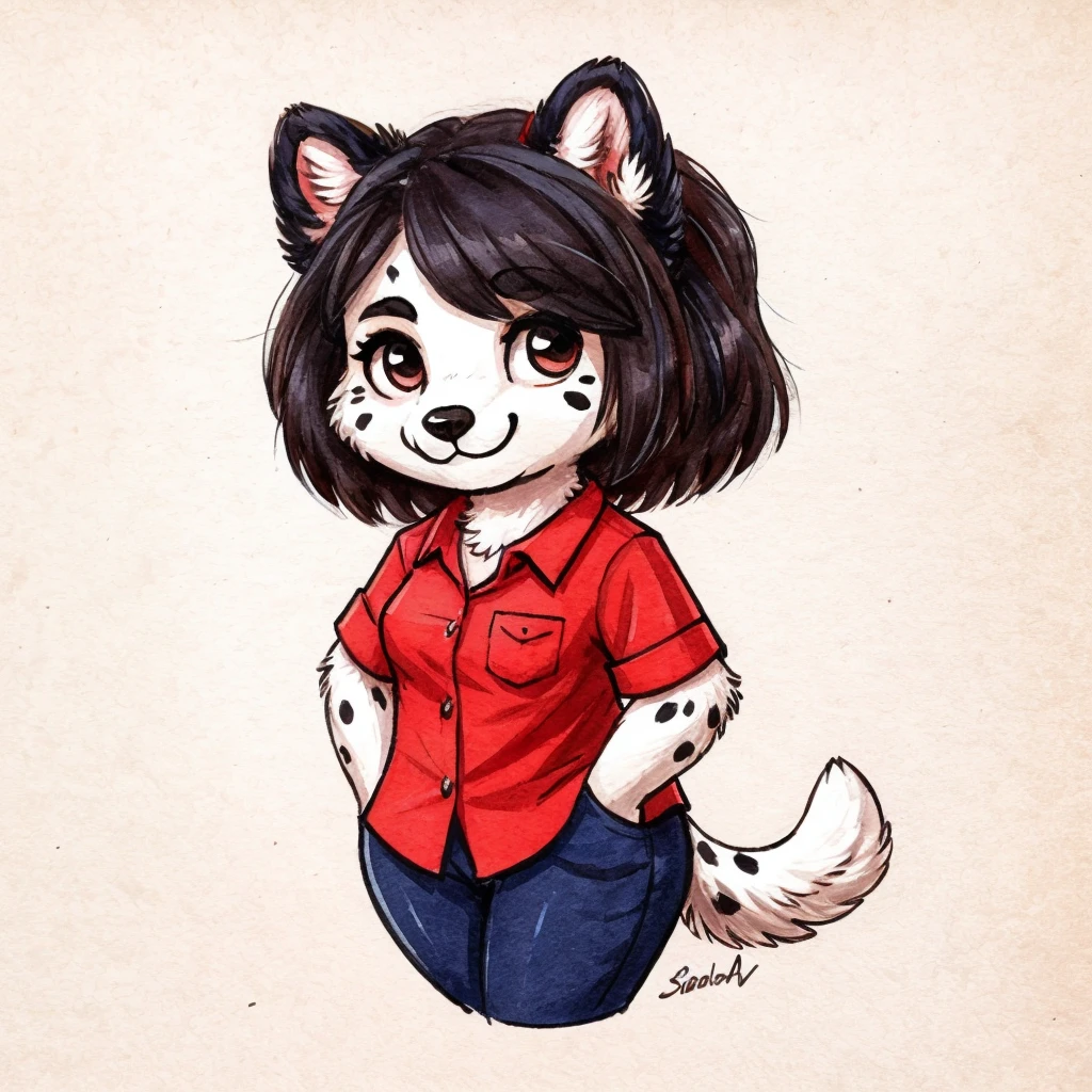 a anthropomorphic black spots and white colored fur female dog, she has dark hair, she's dressed with a blue and red colored shirt, closed smile, chibi style, high quality furry art.