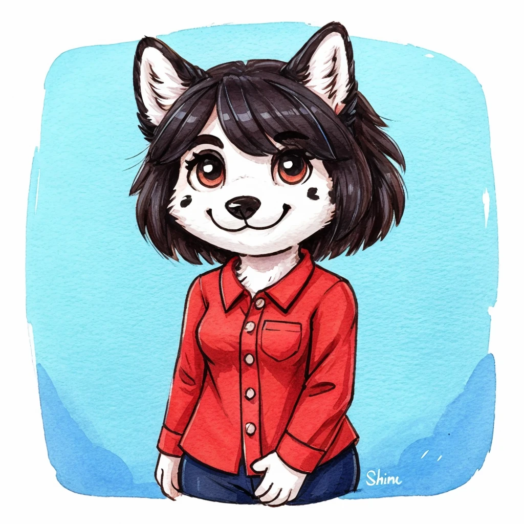 a anthropomorphic black spots and white colored fur female dog, she has dark hair, she's dressed with a blue and red colored shirt, closed smile, chibi style, high quality furry art.