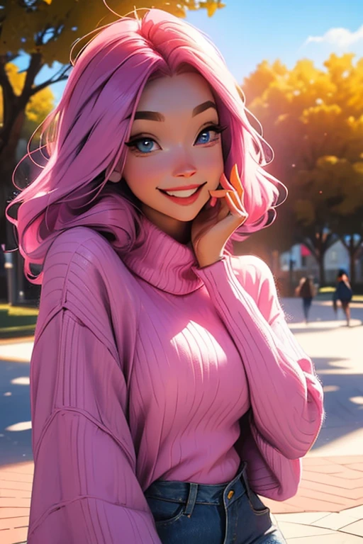 Perfect face, Perfect hands. A pink haired woman with violet eyes and an hourglass figure in a pink sweater and jeans is taking a selfie in the park with a big smile