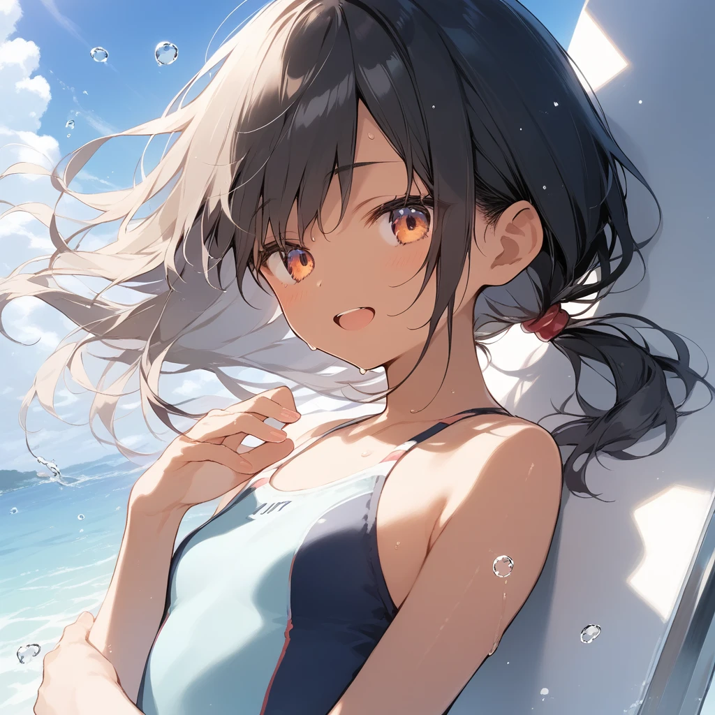 score_9, score_8_up, score_7_up, source_anime, best quality, masterpiece, official art, absurdres, highres, ultra-detailed,waifu2x,Collection: Slice of Life,break,1girl, tomboy, dark-skinned female, short hair, low ponytail, small breasts, beautiful detailed eyes, swimsuit, sweat, open mouth, (yawn:0.3), sleepily, swimming, outdoors, wind, break,(clear line illustration:1.2),very high resolution, very aesthetic, super detailed skin, Best sexual lighting powered by famous artist, 8k,cute picture,beauty illustration,photoshop_(medium),,(Detailed Lighting),best anime 8k konachan wallpaper, pixiv contest winner,