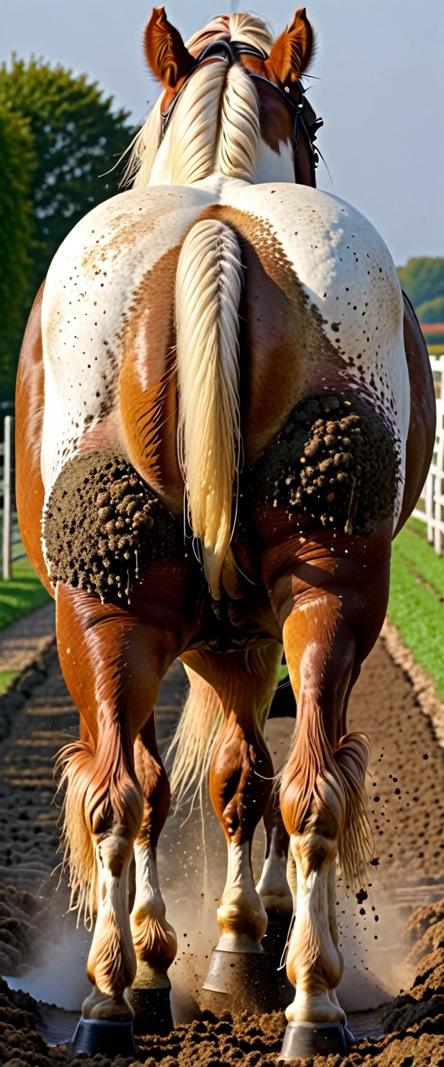 full rear view of large fat hairy Belgian draft horse stallion with lumps of horse dung coming out of the centre (under tail) of a big bum and sliding down legsl. facing away from view point - towards horizon. wide open rectum and anus in full view full of horse dung. tail to left side. ((masterpiece)), ((best quality)), ((highres)), ((extremely detailed)), ((close  shot, back view)), (super realistic) . anatomically correct. horse surrounded by lumps of steaming dung
