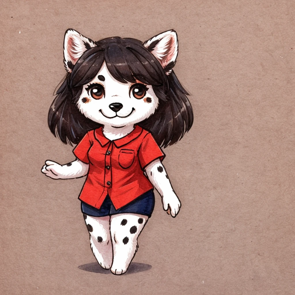 a anthropomorphic black spots and white colored fur female dog, she has dark hair, she's dressed with a blue and red colored shirt, closed smile, chibi style, high quality furry art.