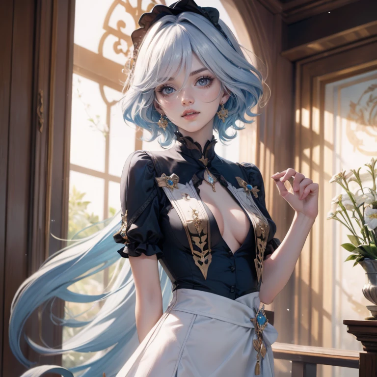 1girl, white roses, ornament hair, white roses on her hair, perfectly body, perfectly hands, white hair, blue hair, wave hair, long hair, ornament hair, long hair, garden scenery, shrine, chinese lantern, Looking at the viewer, flowing hair, Beautiful Eyes, Plump and glossy lips, firefly in the air, maid, maid dress, maid headdress, maid apron, white dress with too many frills, black dress, blue laces, white Short skirt, Drape clothes, blue gem, Lace trim, kitchen, luxury gold details, gold jewelry, more details, best quality, Big sparkling eyes, blushing, white Striped Lace Stockings, blue ****ta skirt, sparkle, solo, centered girl, chinese temple, cowboy shot, upper body portrait, perfectly body, perfectly hands, fireflies in the air, two arms, two legs, two hands, five fingers, perfect anatomy, glowing hair, white roses, maid, maid dress, dress, solo, flowing hair, floating hair, ornament hair, perfectly body, perfectly hands, on the temple, sparkles, more details on her clothes, white dress with transparency, golden details on her dress, night, shrine, ((4k, masterpiece, top-quality)), 8k, best quality, high resolution, UHD, (illustration:0.8), super cute girl, delicate and beautiful face, mature girl, super cute hairstyle, (beautiful detailed eyes:1.6), extremely detailed face, perfect lighting, extremely detailed CG, (perfect hands, perfect anatomy), Best quality, cleavage, small skirt, full Body, two arms, two legs, two hands, five fingers