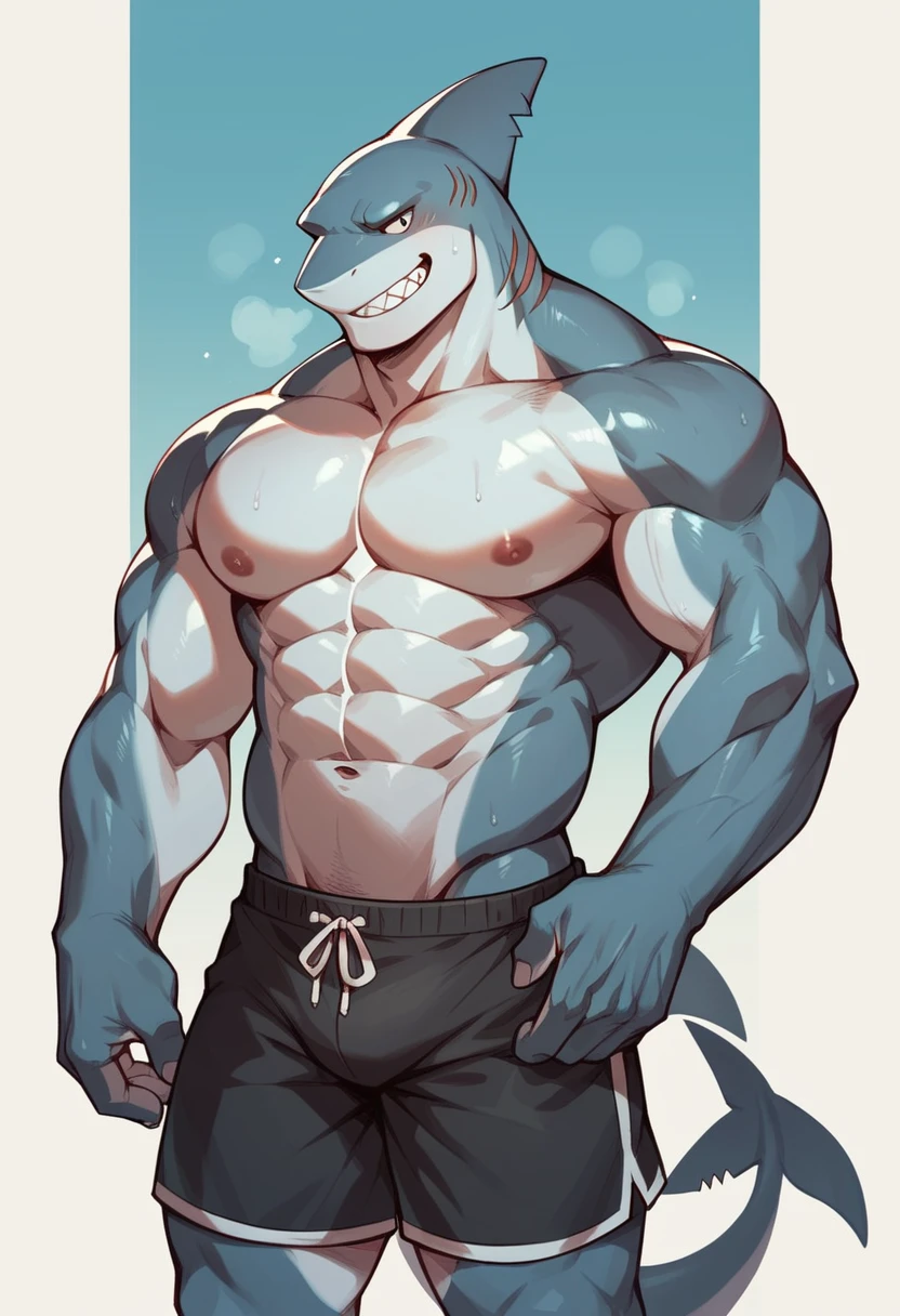 Muscular gay shark in shorts with a large detailed dick