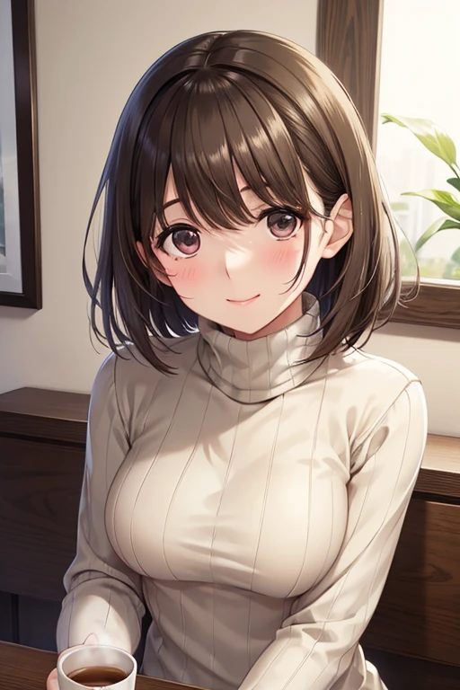 anegasaki nene、Shiny brown hair, short hair, Beautiful brown eyes、smile、Sparkling eyes, (Fine grain)、Ultra-detailed目、Highly detailed face, Highly detailed eyes,


masterpiece, Highest quality, One girl,Highest quality、Masseter muscle area、Ultra-detailed、8ｋ、solo、Portrait:1.3、Cowboy Shot、Perfect Anatomy、


 alone, Darjeeling , , blush, avert your eyes, Sitting, Calm, (Turtleneck sweater:1.3), Upper Body, indoor, coffee shop, Tea cup, cookie, furniture 