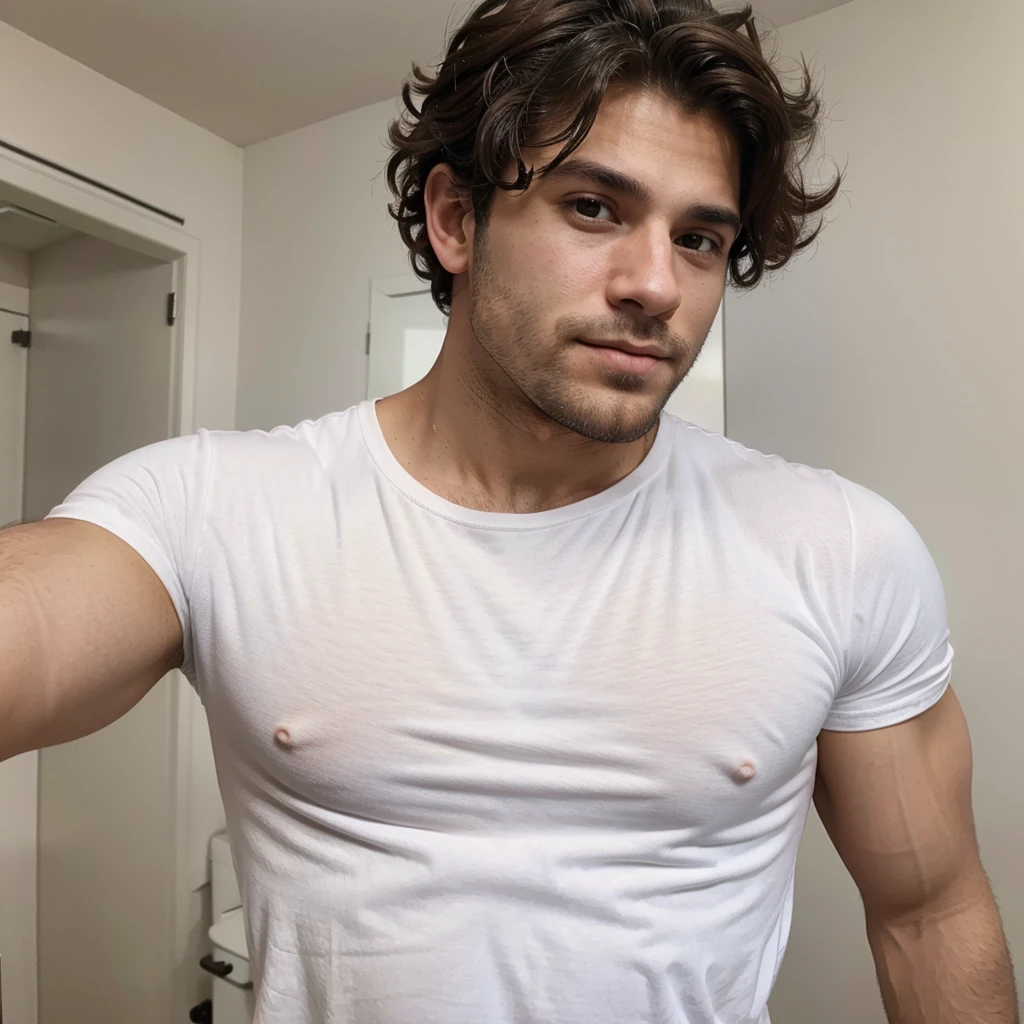 Handsome man , light beard, hot muscular body , medium curly hair , phone selfie ,wearing white t shirt