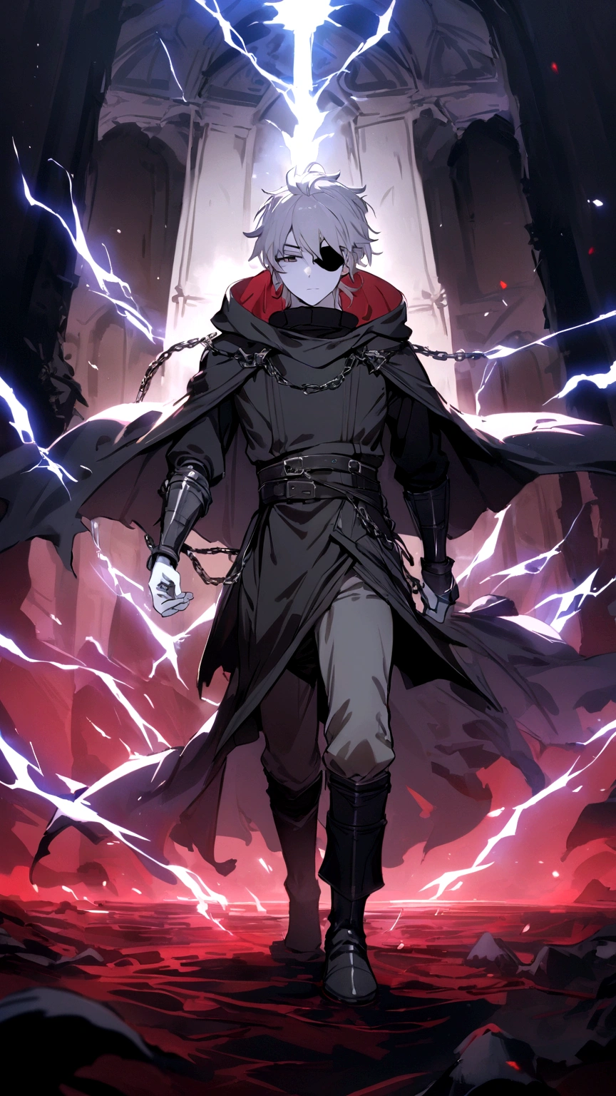 Anime character, a man, medieval era. Young man, 20 years old, large body, cold gaze, cold expression, white skin, short messy gray hair, ponytail, left eye patch, black clothes, black shirt, dark cape with hood, chains. frontal camera. Walking in a sea of ​​blood. Three moons shining high in the sky, purple, red and blue. White electricity emanating from his body, black electricity emanating from his left hand. Right eye shining in a white ray. Thunderous white lightning. (best quality, 4k, 8k, high resolution, masterpiece: 1.2), vibrant, ultra-detailed colors, chiaroscuro lighting, dramatic pose, intricate details, fantasy, mystical, powerful