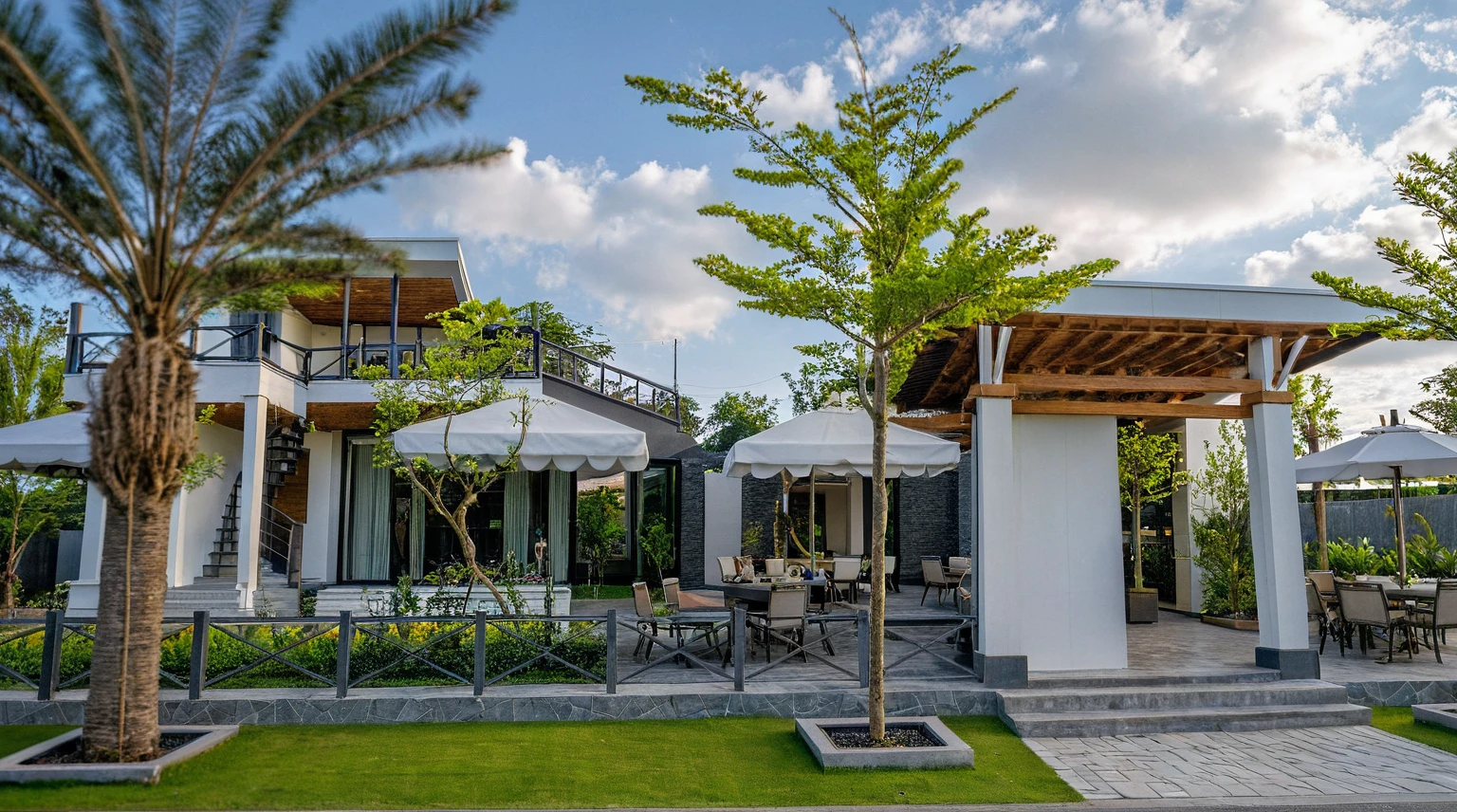 Masterpiece, high quality, best quality, authentic, super detail, outdoors, onestoreyvillaXL, aiaigroup, house style modern on the street ,stairs, white wall ,road,pavement, grass, trees, sky, cloud, (daylight:1.1)
