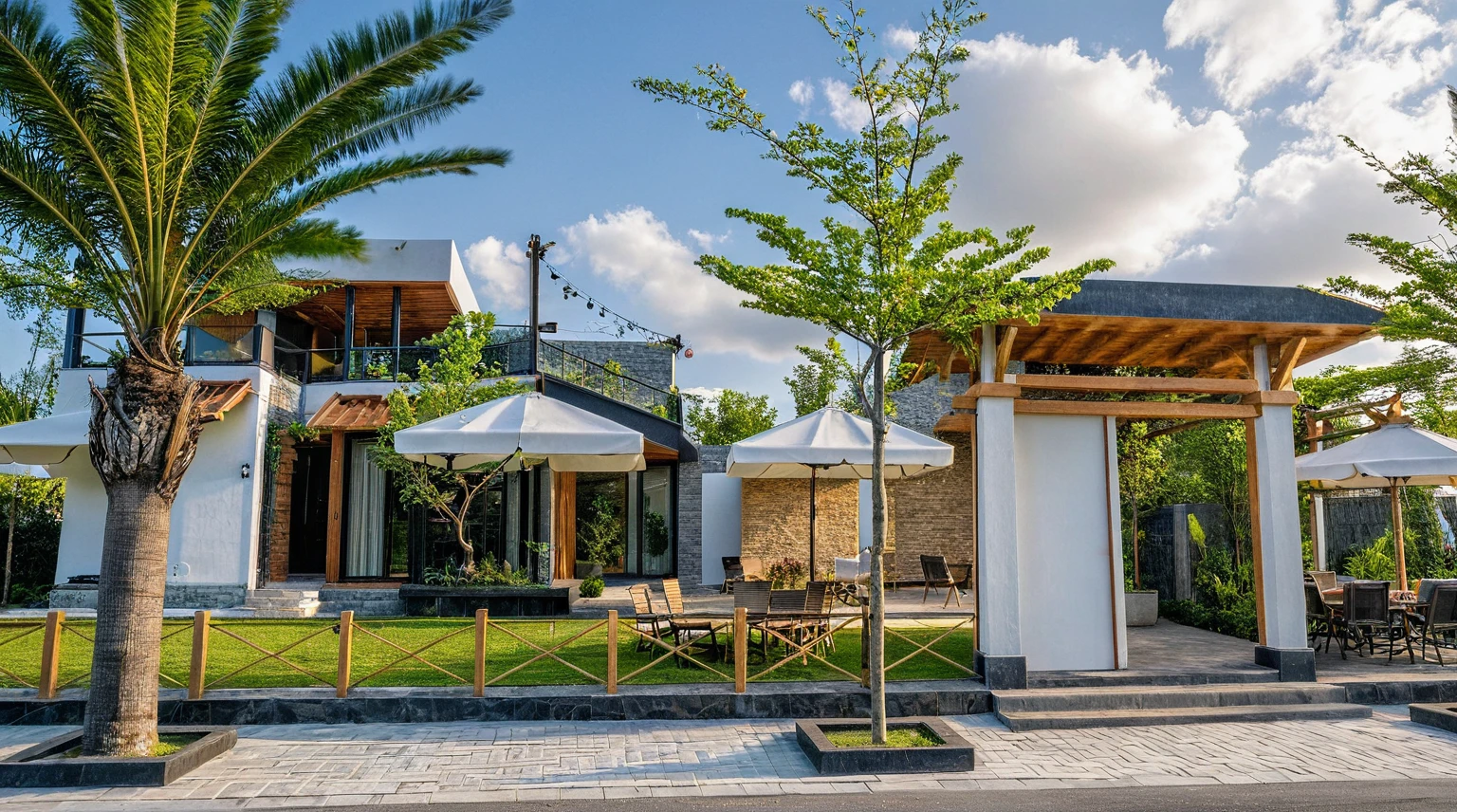 Masterpiece, high quality, best quality, authentic, super detail, outdoors, onestoreyvillaXL, aiaigroup, house style modern on the street ,stairs, white wall ,road,pavement, grass, trees, sky, cloud, (daylight:1.1)
