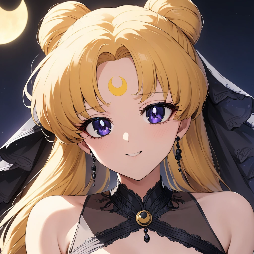 ((Highest quality)), ((masterpiece)), (detailed), （Perfect Face）、The woman is the Dark Queen of the Black Moon of the Black Moon Clan, Black Serenity, and has blonde hair.２The woman with long hair tied up is Princess Serenity、The woman has a black inverted crescent moon mark on her forehead, is a bride wearing a black luxurious Gothic Victorian wedding dress and a black wedding veil, and is looking at the camera with a happy expression, like a jet-black princess serenity, a maiden in love.、Woman is Black Serenity