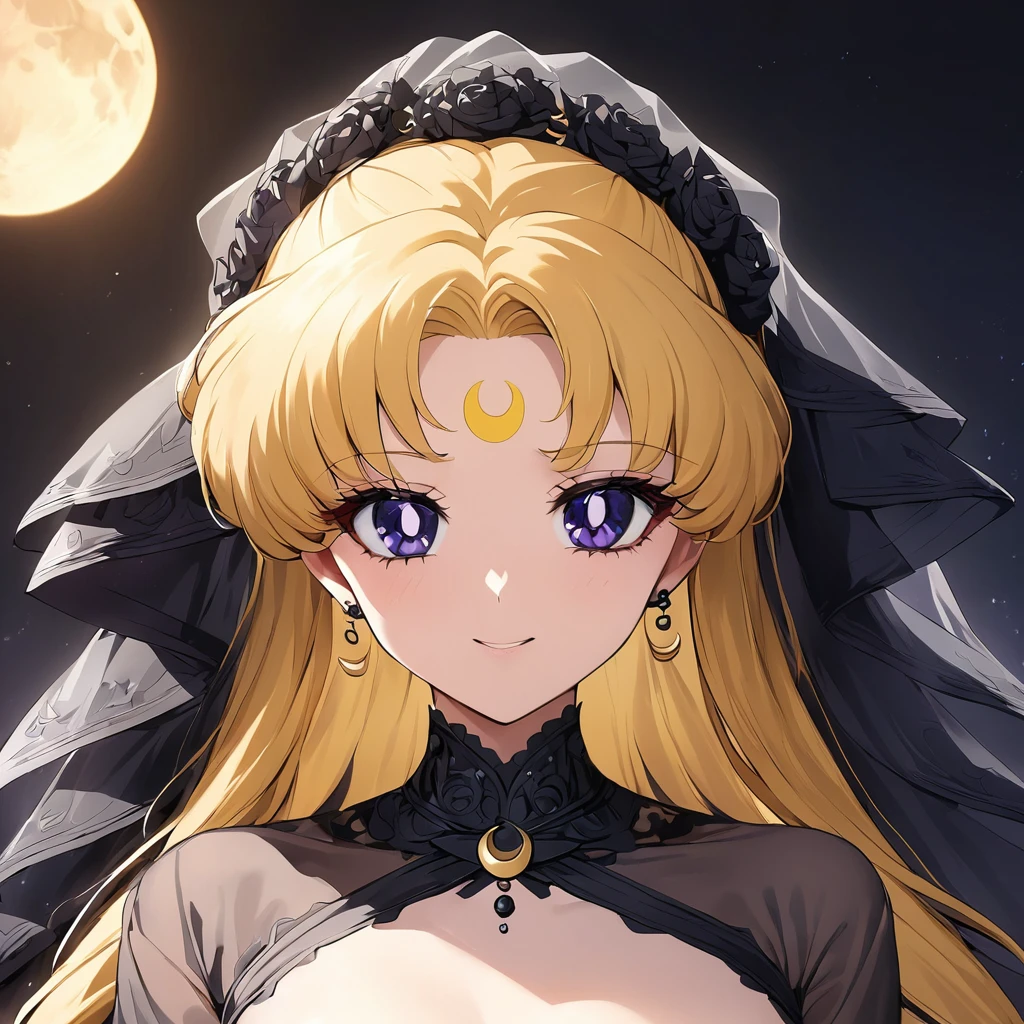 ((Highest quality)), ((masterpiece)), (detailed), （Perfect Face）、The woman is the Dark Queen of the Black Moon of the Black Moon Clan, Black Serenity, and has blonde hair.２The woman with long hair tied up is Princess Serenity、The woman has a black inverted crescent moon mark on her forehead, is a bride wearing a black luxurious Gothic Victorian wedding dress and a black wedding veil, and is looking at the camera with a happy expression, like a jet-black princess serenity, a maiden in love.、Woman is Black Serenity