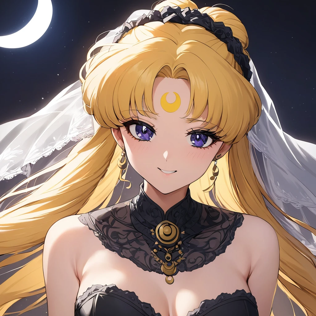 ((Highest quality)), ((masterpiece)), (detailed), (Perfect Face)、Black moon mark on forehead、The woman is the Dark Queen of the Black Moon of the Black Moon Clan, Black Serenity, and has blonde hair.2The woman with long hair tied up is Princess Serenity、The woman has a black inverted crescent moon mark on her forehead, is a bride wearing a black luxurious Gothic Victorian wedding dress and a black wedding veil, and is looking at the camera with a happy expression, like a jet-black princess serenity, a maiden in love.、Woman is Black Serenity