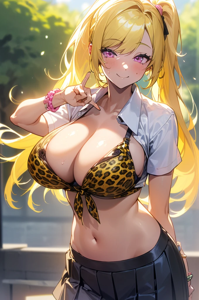 {masterpiece, distinct_image, extremely detailed CG, (extremely detailed fine touch:1.2), (natural light, sun light, light rays, dappled light, ray tracing:1.2), beautiful eyes and detailed face,realistic, photo realistic, 4k, 8k, high_resolution,perfect_finger, (beautiful_detailed_eyes:1.3), glitter, yellow_light, (glow_yellow_face, front_light:1.3), summer_light{1girl, face_focus,cowboy_shot, looking for_in_viewer, front_view, standing, hand_on_own_cheek, (piece sign pose:1.5) },{adult, (huge_breasts, wide_hip:1.3), navel, skinny_stomach,tight_gap, groin, (white_short_sleeve_cropped_button_shirt, tied button shirt:1.7),( very short_black_knife_pleated_skirt, school_uniform, cleavage:1.4), (yellow_leopard_print_bra_over_a_white short_sleeve_button shirt:1.6), (tanning_skin, dark_skin:1.5), (pink_nails, gold earrings, black neck choke, white collar, multiple colored bracelets:1.4),(yellow_hair, pink_eyes, long_hair, side_ponytail, slanted_eyes, bangs:1.4), (smiling face:1.3), sweat, white background}