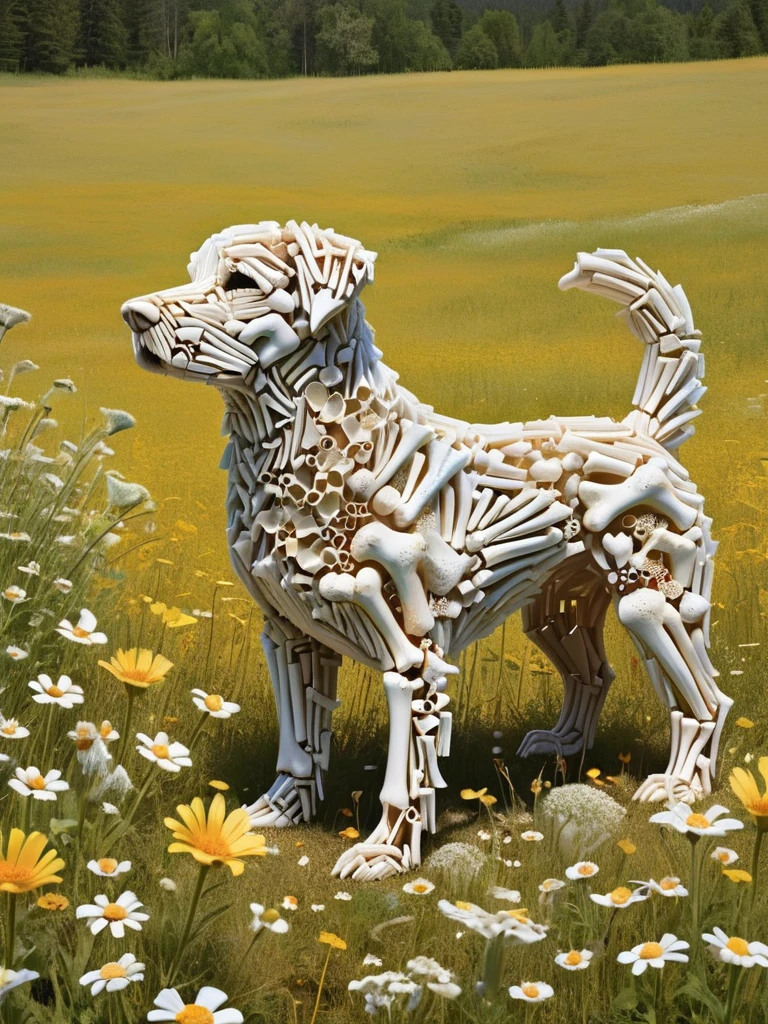 A joyful dog made of ral-bnz, each ral-bnz playfully catching the sunlight as it chases through a meadow filled with wildflowers.
