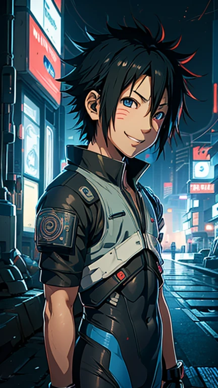 (8k),(masterpiece),(Japanese),(13-year-old boy),((innocent look)),((Childish)),From the front,smile,cute,Innocent,Kind eyes,Flat chest, Uchiha Sasuke wearing cyberpunk bodysuit,Short,Hair blowing in the wind, Black Hair,Strong wind,night,dark, Neon light cyberpunk Konoha Space Station 