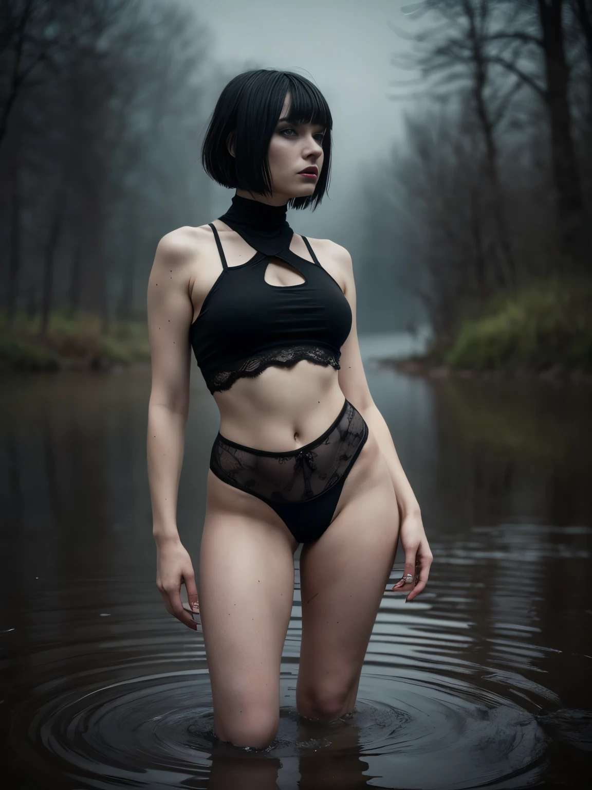 (Best Quality,hight resolution,Masterpiece, half body shot:1.2),Ultra-detailed,woman dressed in black g string thong and tank top,sickly,standing in a lake with desolated land in the background, she's wearing a very sexy high waisted g-string thong, desolated landscape in the background, tank top and panties, she has her legs in water, perfect body, sensual pose,full body shot, horror vibes, centered subject,gloomy ecstasy,fetish,dark gloomy atmosphere, creepy atmosphere, gritty texture,Retro-atmosphere,warped reality,melancholic expression on his face,mysterious aura,foggy atmosphere,foggy background,Subtle color palette,provocative pose,Strong emotions,Coming Out of the Depths of Despair,Piercing gaze,intense shadows,Plunged in Darkness,dark industrial aesthetic,ominous vibe,A supernatural sensation,Loss of Place in Time and Space,Eerie silence.asymmetrical bangs, freckles, white short hair, Bangs, freckles, gray eyes,