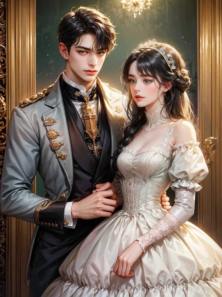 A girl has chignon black hair, with bangs, small breast, green eyes. She wears a low-cut dress. Victorian era dress. Beautiful girl, detailed eyes, detailed face, detailed hands. She looks at the viewer.