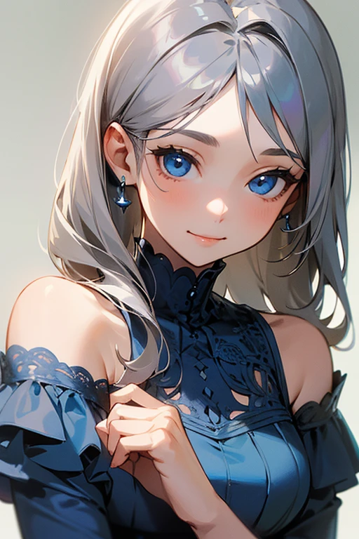 (masterpiece: 1.2, Highest quality), (Actual Photos, Intricate details), 1. woman, alone, Upper Body, casual, Shoulder-length hair, Minimal makeup, Natural materials, Face close-up, smile, Home, Gray Hair, blue eyes, Shoulder Bare、Blue Dress、