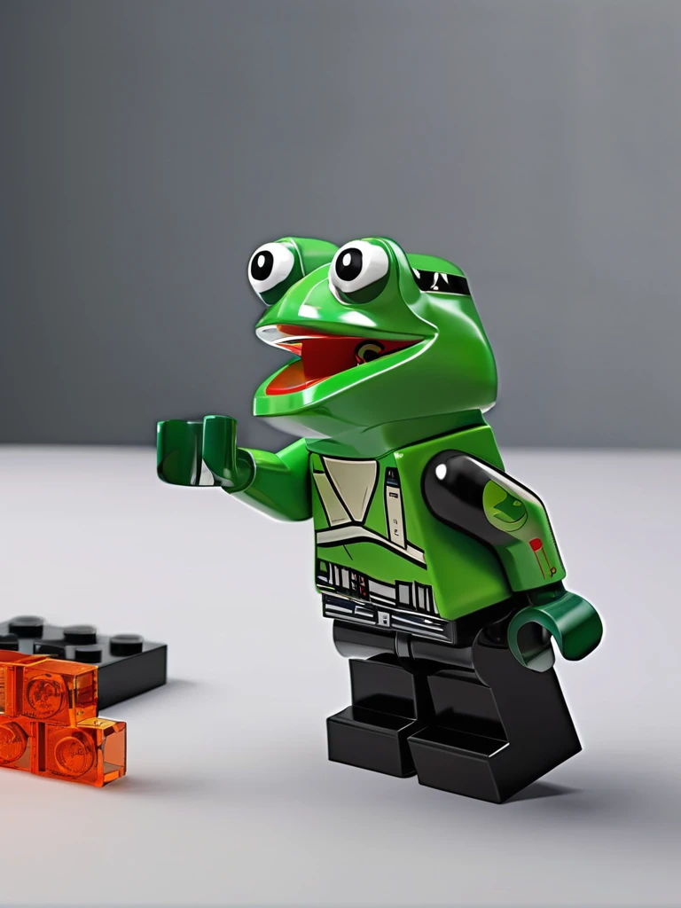 pepe the frog, LEGO Minifig, Star Wars, 1boy, cute, mischievous, whimsical, surreal, highly detailed, 8k, photorealistic, cinematic lighting, dramatic shadows, vibrant colors, dynamic composition, fantasy, sci-fi, beautifully rendered, hyperrealistic, award-winning, intricate details, seamless integration, innovative design, groundbreaking CGI, immersive world-building, next-generation visual effects