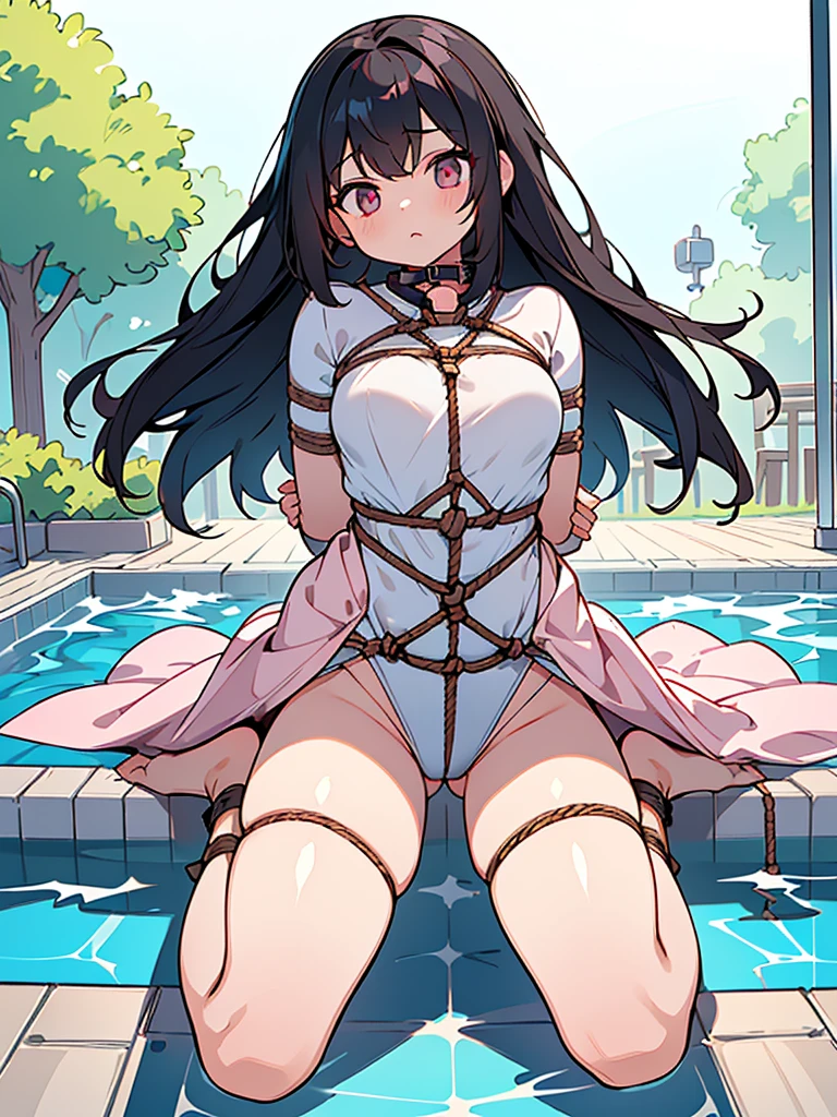 4k HD,perfect,Exquisite,girl,long black hair,pink jersey,Small Breasts,full body portrait,((Rope restraints, arms behind the back, hands behind the back, rope restraints, hand restraints, rope restraints, feet rope restraints, groin, slim figurecollar,in the pool))