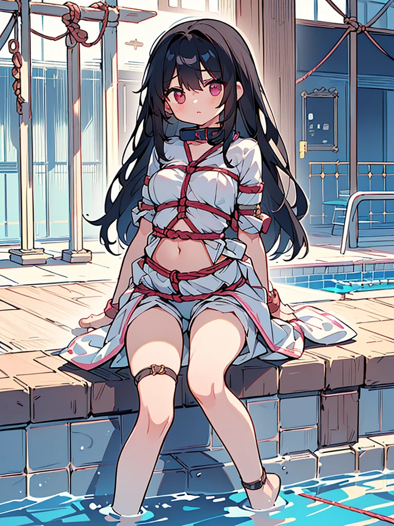 4k HD,perfect,Exquisite,girl,long black hair,pink jersey,Small Breasts,full body portrait,((Rope restraints, arms behind the back, hands behind the back, rope restraints, hand restraints, rope restraints, feet rope restraints, groin, slim figurecollar,in the pool))