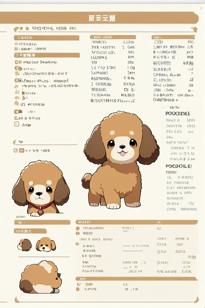 Character sheet, white background, cute dog poodle, cartoon style, high quality, high resolution