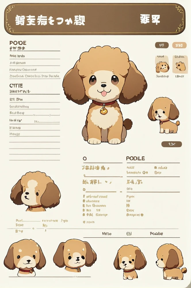 Character sheet, white background, cute dog poodle, cartoon style, high quality, high resolution