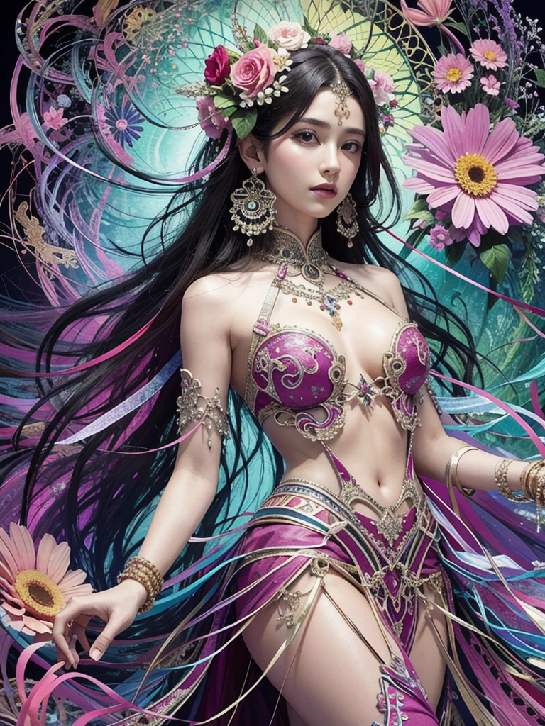 (masterpiece, top quality, Best quality, official art, beautiful and aesthetically pleasing:1.2), (1 girl:1.3), extremely detailed,(fractal art:1.1),(Colorful:1.1)(flowers:1.3),as detailed as possible, (zentangle:1.2), Very beautiful slender girl, dynamic pose, The whole body is in full growth, (abstract background:1.5), (shiny skin), (many colors:1.4), ,(earrings), (feathers:1.2),