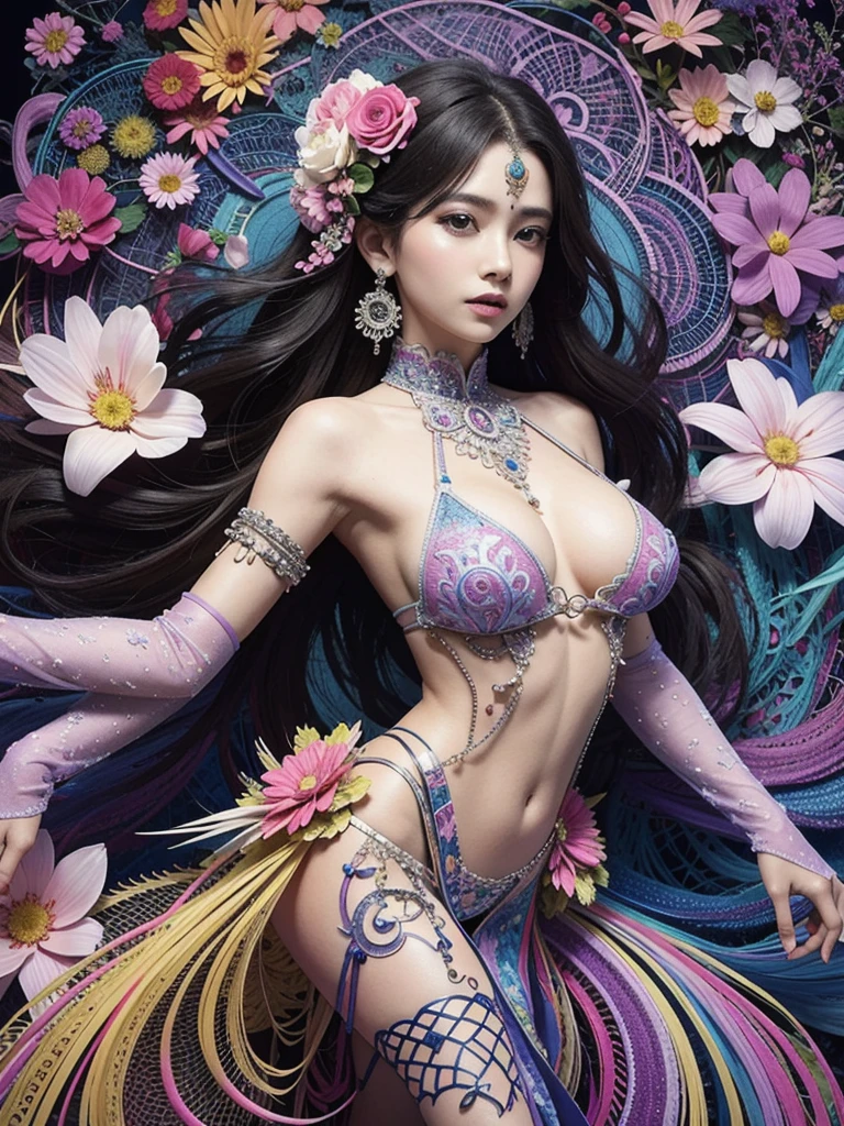 (masterpiece, top quality, Best quality, official art, beautiful and aesthetically pleasing:1.2), (1 girl:1.3), extremely detailed,(fractal art:1.1),(Colorful:1.1)(flowers:1.3),as detailed as possible, (zentangle:1.2), Very beautiful slender girl, dynamic pose, The whole body is in full growth, (abstract background:1.5), (shiny skin), (many colors:1.4), ,(earrings), (feathers:1.2),