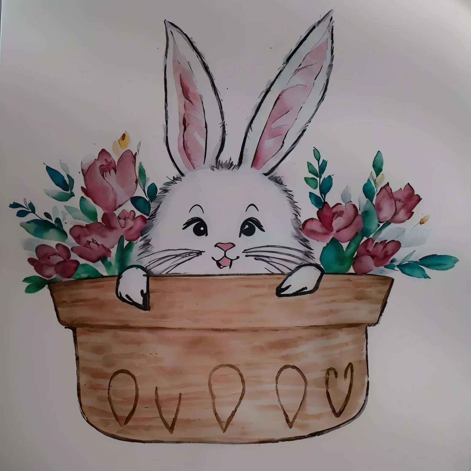 there is a drawing of a coelhinho in a flower pot, coelhinho, Tinta e aquarela wash, Tinta e aquarela, aquarela e caneta, detalhe adicionado, Aquarela, por Károly Lotz, a coelho full of hope, coelhinho ears, coelhinho head, anthropomorphic coelho, coelho face only, coelho, half coelhinho, with coelhinho ears